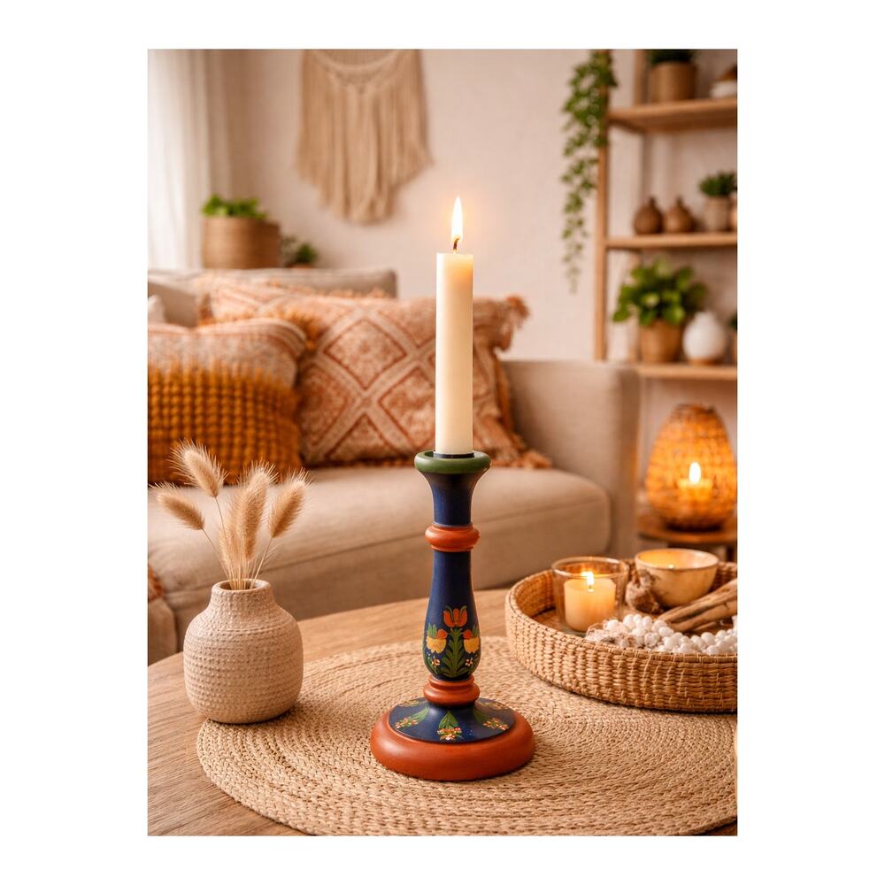 1992 Hollo Laszlo Hand Painted Hungary Folk Art Candlestick Hand Painted Birds